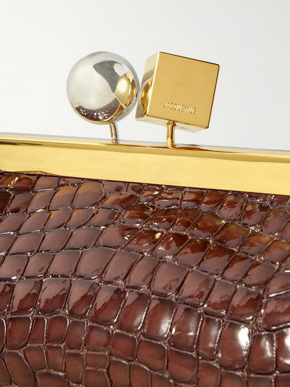 Croc-Embossed Frame Shoulder Clutch – Kiss-Lock Evening Baguette in Chocolate Brown