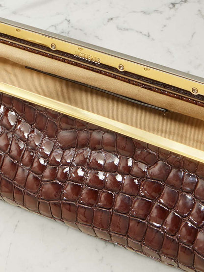 Croc-Embossed Frame Shoulder Clutch – Kiss-Lock Evening Baguette in Chocolate Brown