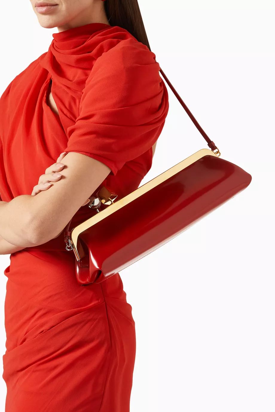 Red Frame Shoulder Clutch – Patent Baguette with Kiss-Lock & Strap