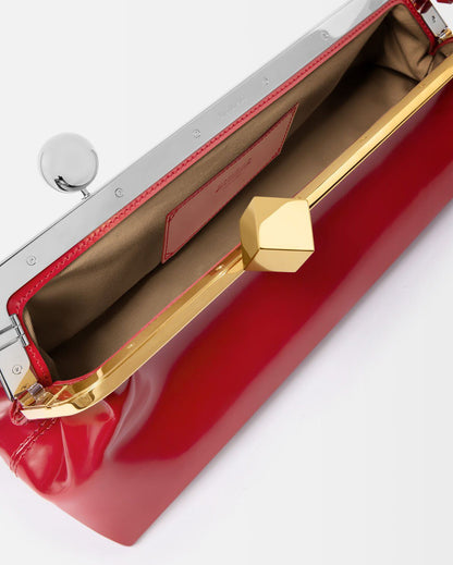 Red Frame Shoulder Clutch – Patent Baguette with Kiss-Lock & Strap