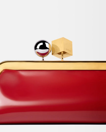 Red Frame Shoulder Clutch – Patent Baguette with Kiss-Lock & Strap