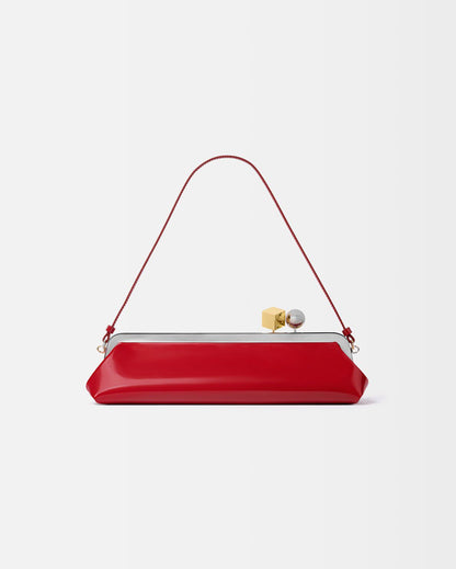 Red Frame Shoulder Clutch – Patent Baguette with Kiss-Lock & Strap
