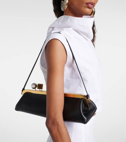 Black Frame Shoulder Clutch – Matte Baguette with Kiss-Lock & Strap