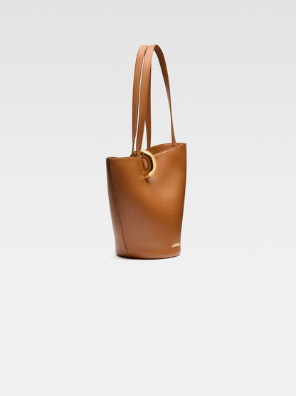 Sculptural Bucket Tote in Tan – Large Shoulder Bag with Ring Detail