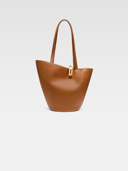 Sculptural Bucket Tote in Tan – Large Shoulder Bag with Ring Detail