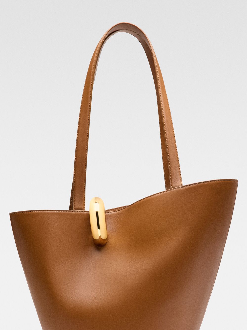 Sculptural Bucket Tote in Tan – Large Shoulder Bag with Ring Detail