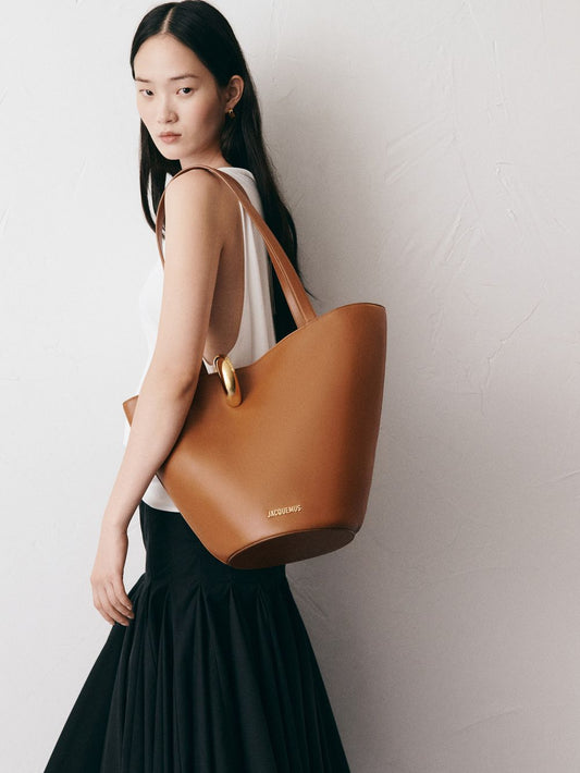 Sculptural Bucket Tote in Tan – Large Shoulder Bag with Ring Detail