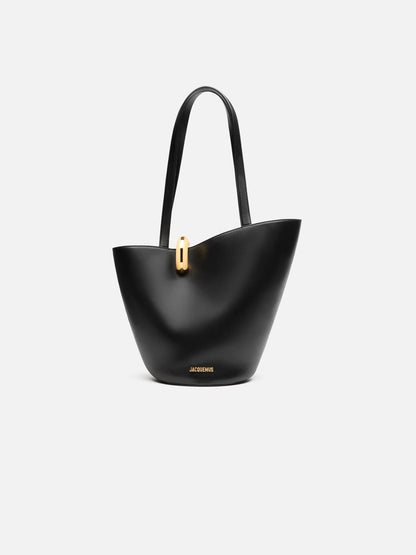 Sculptural Bucket Tote in Black – Large Shoulder Work Bag with Ring Detail