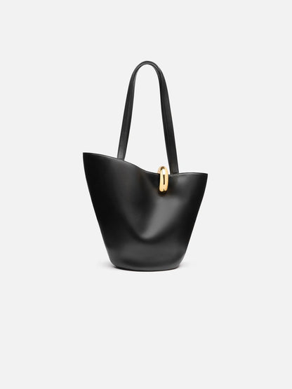 Sculptural Bucket Tote in Black – Large Shoulder Work Bag with Ring Detail