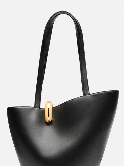 Sculptural Bucket Tote in Black – Large Shoulder Work Bag with Ring Detail