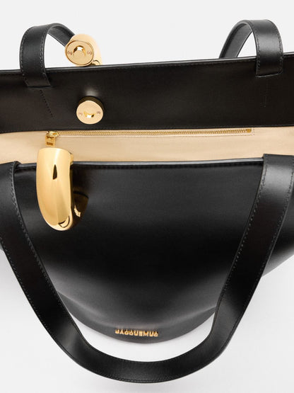 Sculptural Bucket Tote in Black – Large Shoulder Work Bag with Ring Detail