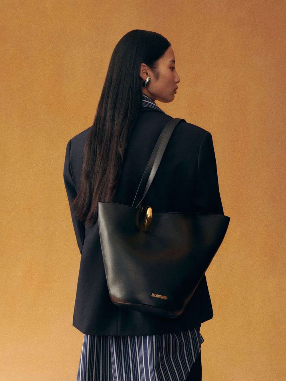 Sculptural Bucket Tote in Black – Large Shoulder Work Bag with Ring Detail