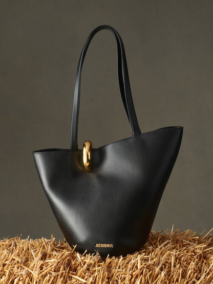Sculptural Bucket Tote in Black – Large Shoulder Work Bag with Ring Detail