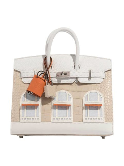 Architectural Top-Handle Tote – Croc-Embossed Cream/Beige, Window Appliqué, Structured Medium Bag