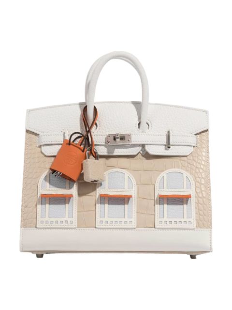 Architectural Top-Handle Tote – Croc-Embossed Cream/Beige, Window Appliqué, Structured Medium Bag