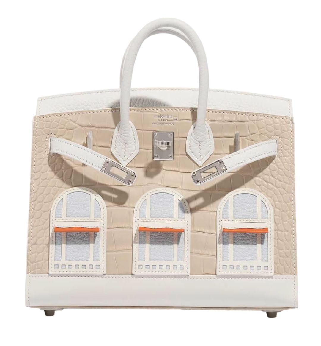 Architectural Top-Handle Tote – Croc-Embossed Cream/Beige, Window Appliqué, Structured Medium Bag