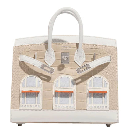 Architectural Top-Handle Tote – Croc-Embossed Cream/Beige, Window Appliqué, Structured Medium Bag