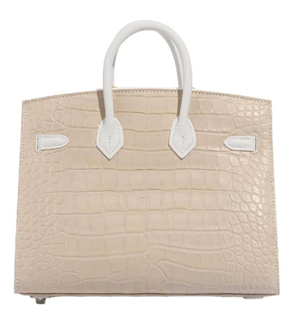 Architectural Top-Handle Tote – Croc-Embossed Cream/Beige, Window Appliqué, Structured Medium Bag