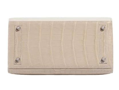Architectural Top-Handle Tote – Croc-Embossed Cream/Beige, Window Appliqué, Structured Medium Bag