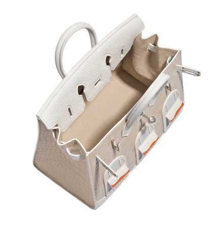 Architectural Top-Handle Tote – Croc-Embossed Cream/Beige, Window Appliqué, Structured Medium Bag