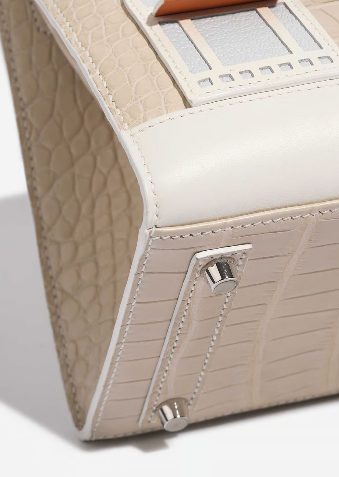Architectural Top-Handle Tote – Croc-Embossed Cream/Beige, Window Appliqué, Structured Medium Bag