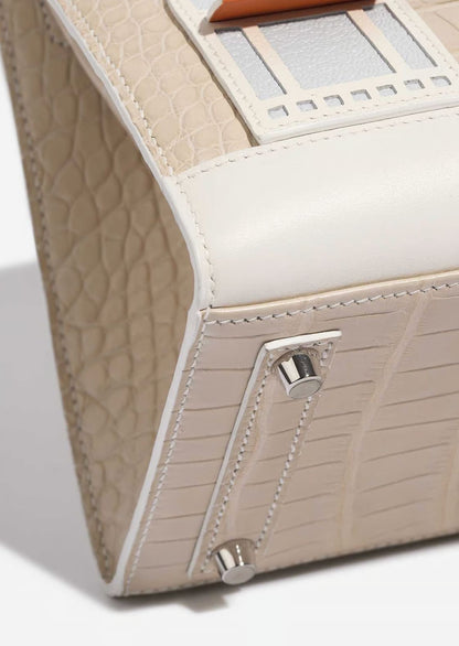 Architectural Top-Handle Tote – Croc-Embossed Cream/Beige, Window Appliqué, Structured Medium Bag