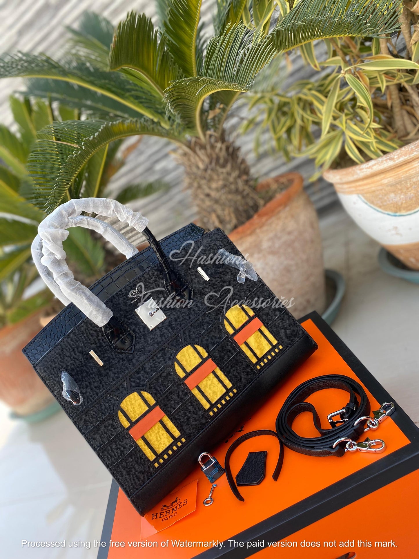 Architectural Window Appliqué Top-Handle Tote – Black Croc-Embossed, Structured Medium Bag