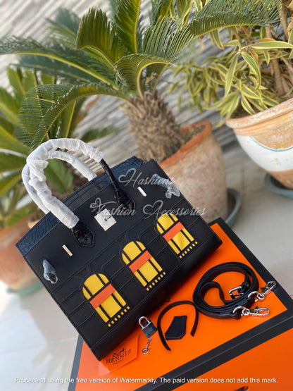 Architectural Window Appliqué Top-Handle Tote – Black Croc-Embossed, Structured Medium Bag