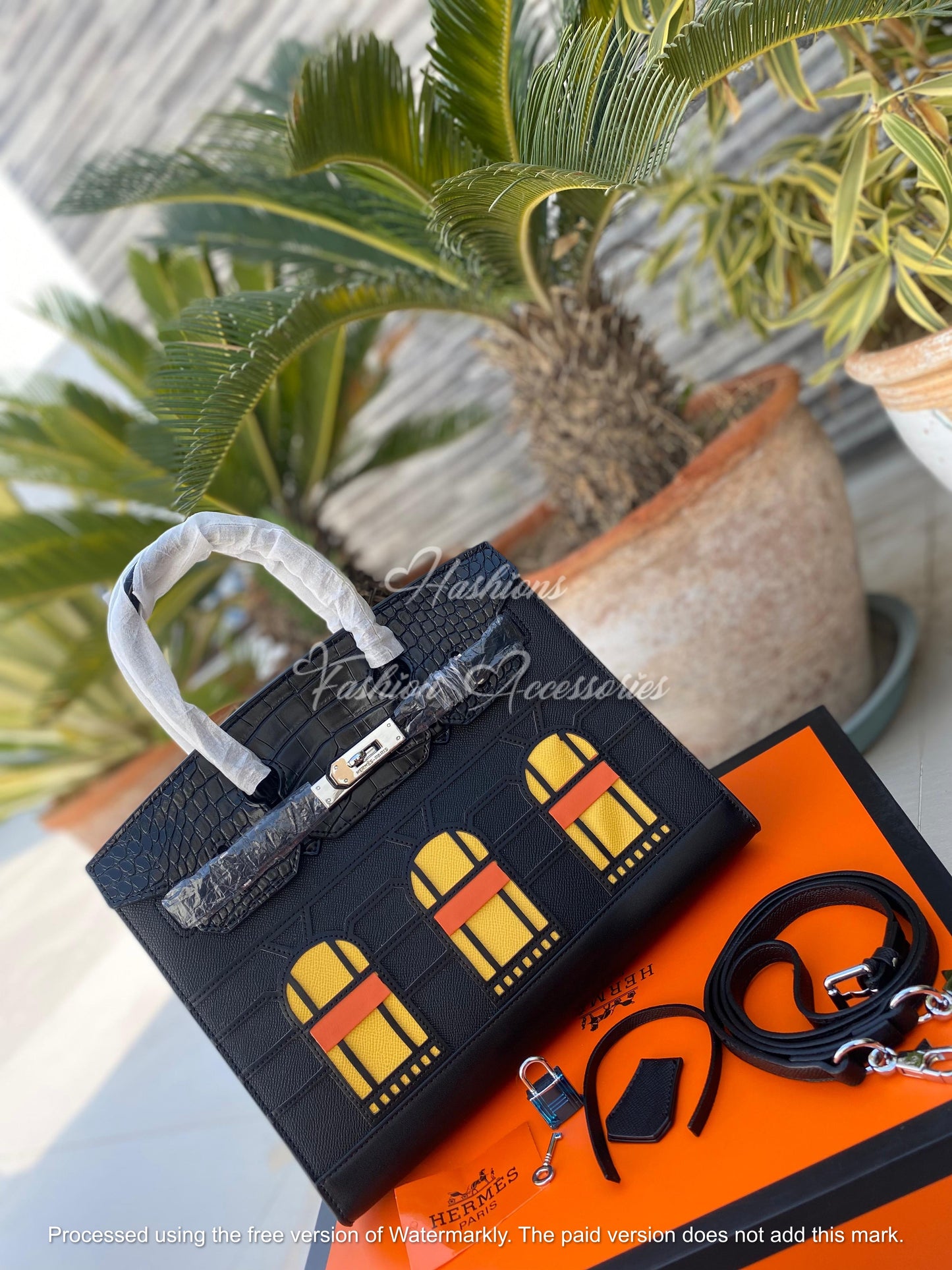 Architectural Window Appliqué Top-Handle Tote – Black Croc-Embossed, Structured Medium Bag