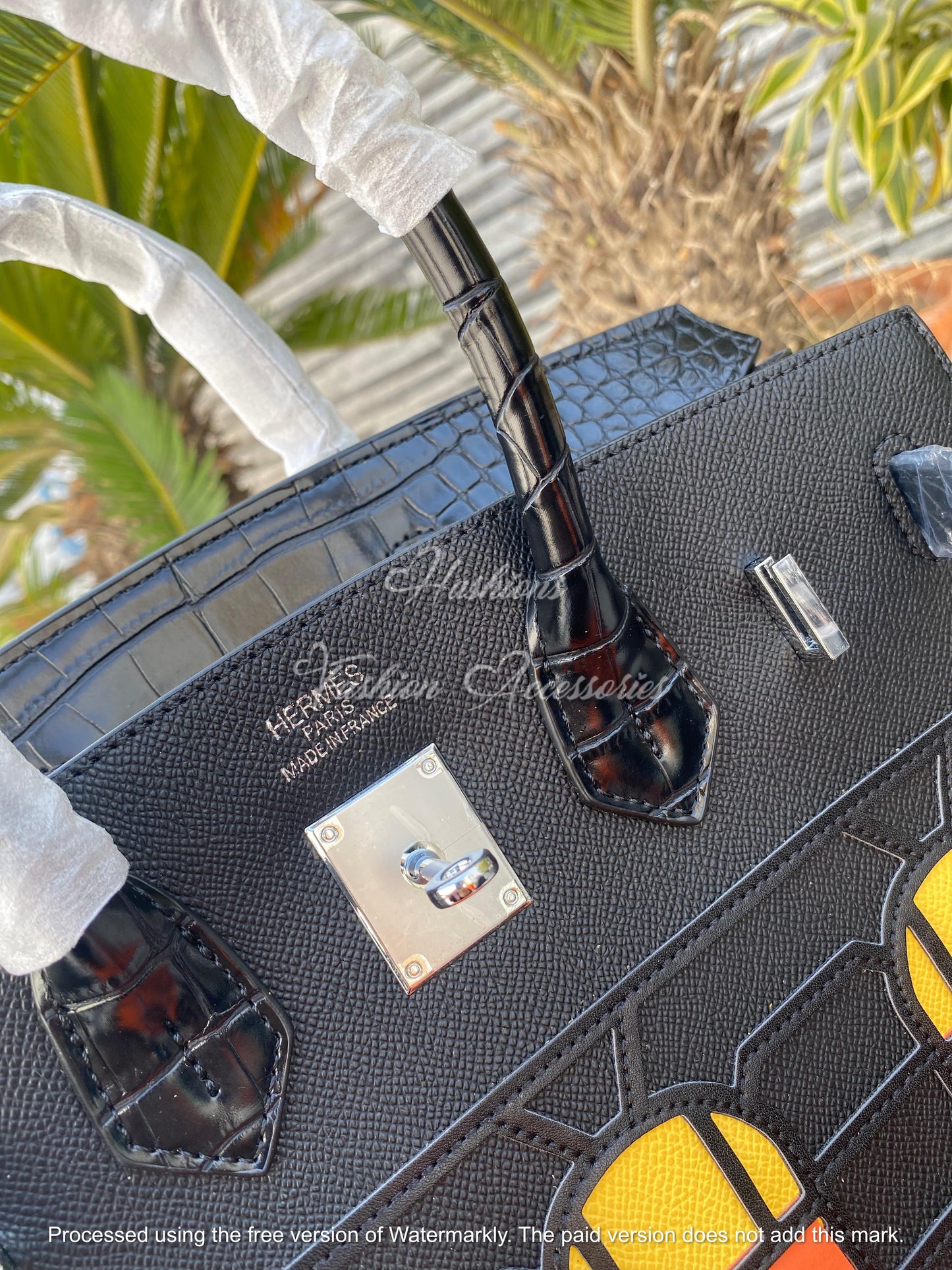 Architectural Window Appliqué Top-Handle Tote – Black Croc-Embossed, Structured Medium Bag