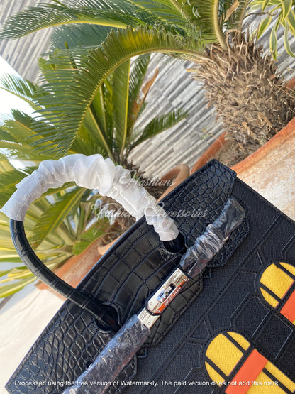 Architectural Window Appliqué Top-Handle Tote – Black Croc-Embossed, Structured Medium Bag