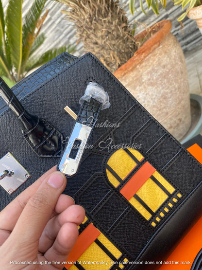 Architectural Window Appliqué Top-Handle Tote – Black Croc-Embossed, Structured Medium Bag