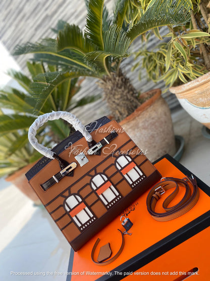 Architectural Window Appliqué Top-Handle Tote – Brown/Black Structured Bag with Strap