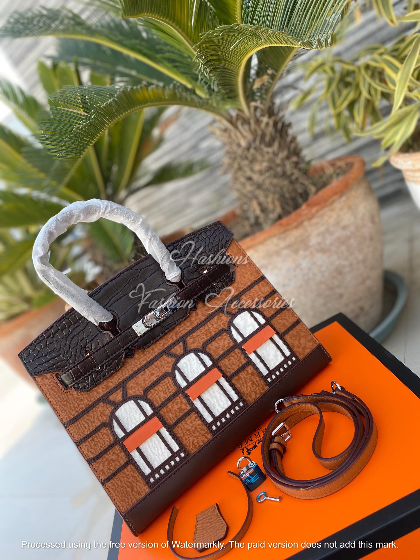 Architectural Window Appliqué Top-Handle Tote – Brown/Black Structured Bag with Strap