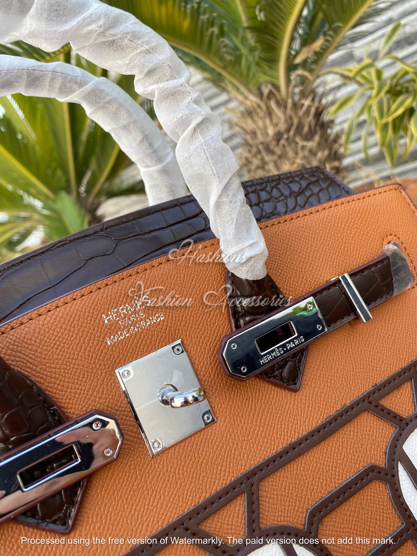 Architectural Window Appliqué Top-Handle Tote – Brown/Black Structured Bag with Strap