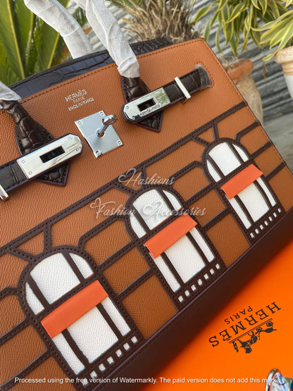 Architectural Window Appliqué Top-Handle Tote – Brown/Black Structured Bag with Strap