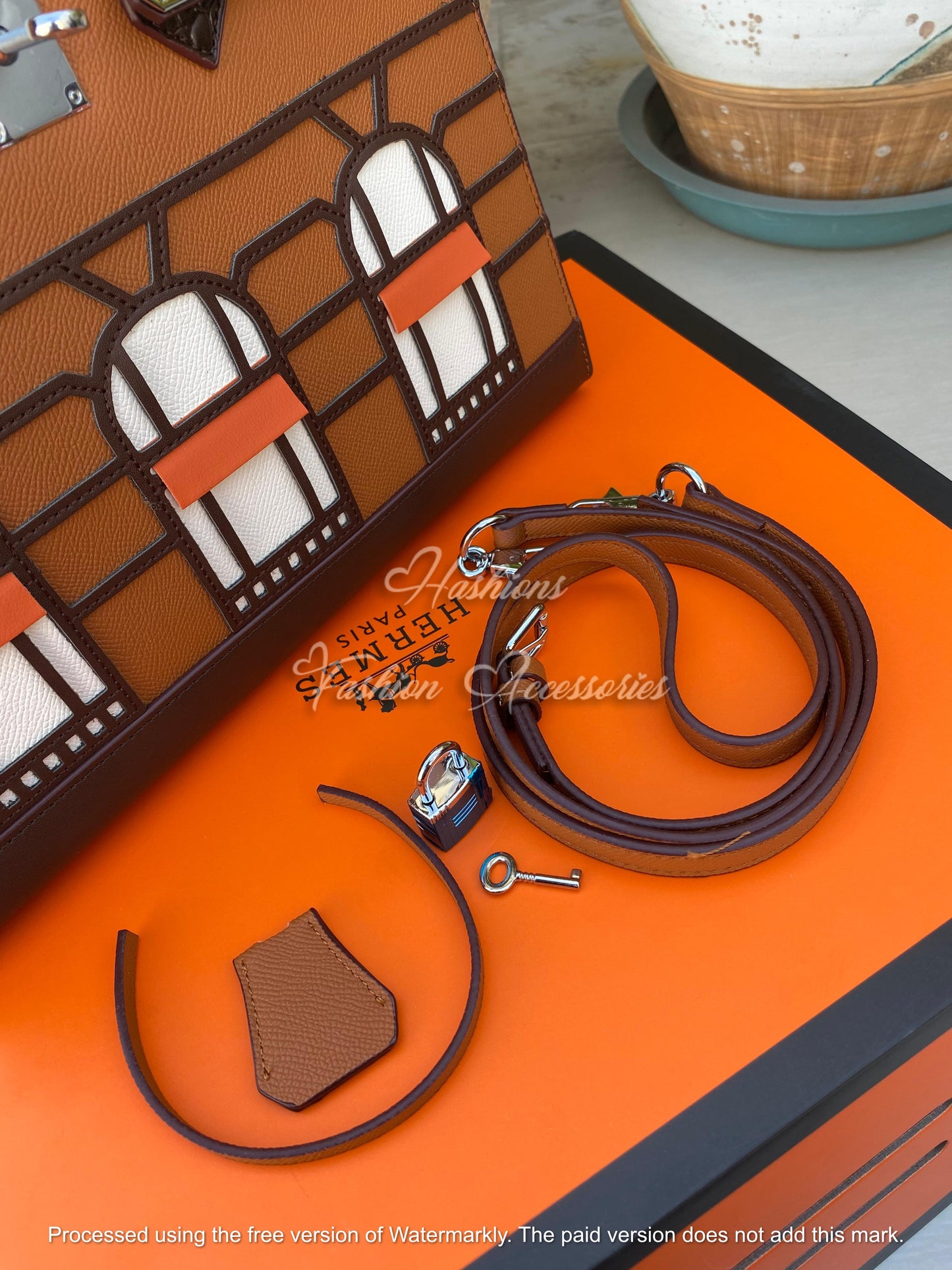 Architectural Window Appliqué Top-Handle Tote – Brown/Black Structured Bag with Strap