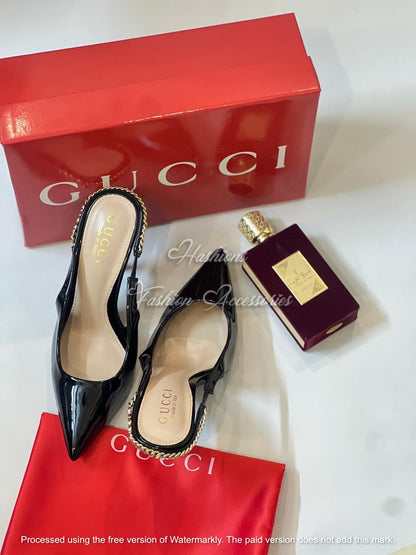 Chain-Back Patent Heels – Women’s Luxury Pointed Toe Pumps (Red & Black)