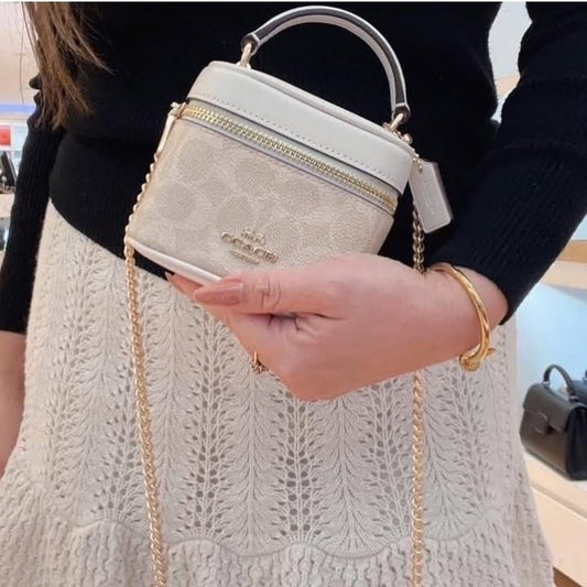 Mini Vanity Case Crossbody – Top-Handle Box Bag with Chain Strap (Signature Canvas Look)