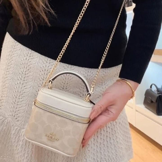 Mini Vanity Case Crossbody – Top-Handle Box Bag with Chain Strap (Signature Canvas Look)
