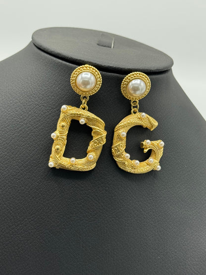 Gold-Tone Pearl Initial Drop Earrings (D & G) for Women | Statement Alphabet Jewelry