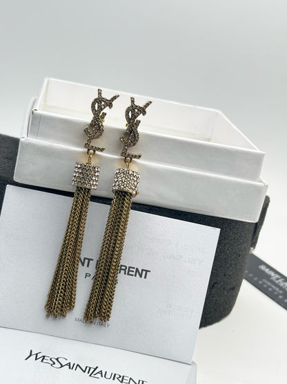 Gold Crystal Tassel Drop Earrings for Women – Statement Chain Dangle Earrings