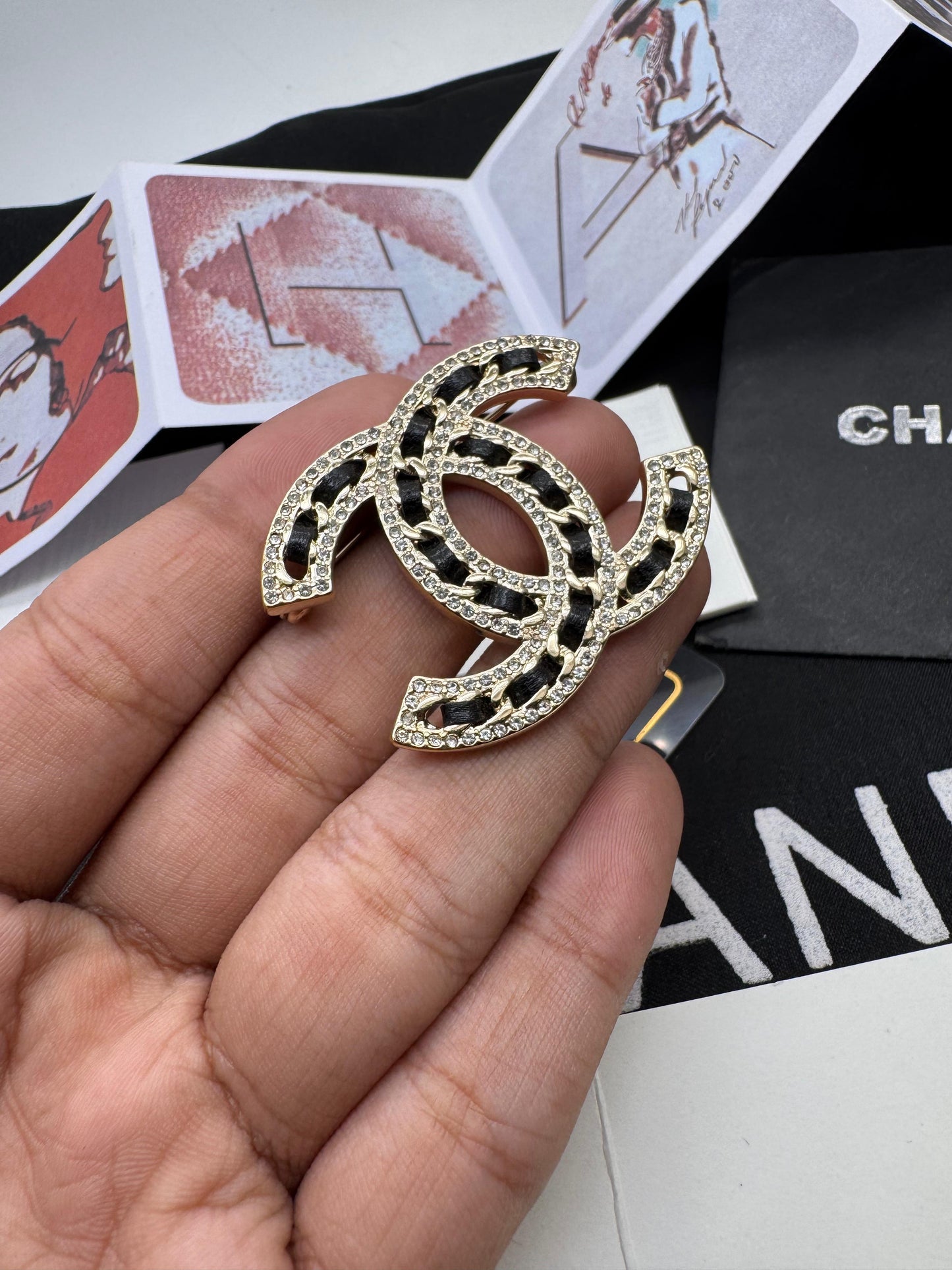 Crystal Chain Double-C Brooch – Gold Tone Statement Brooch for Women