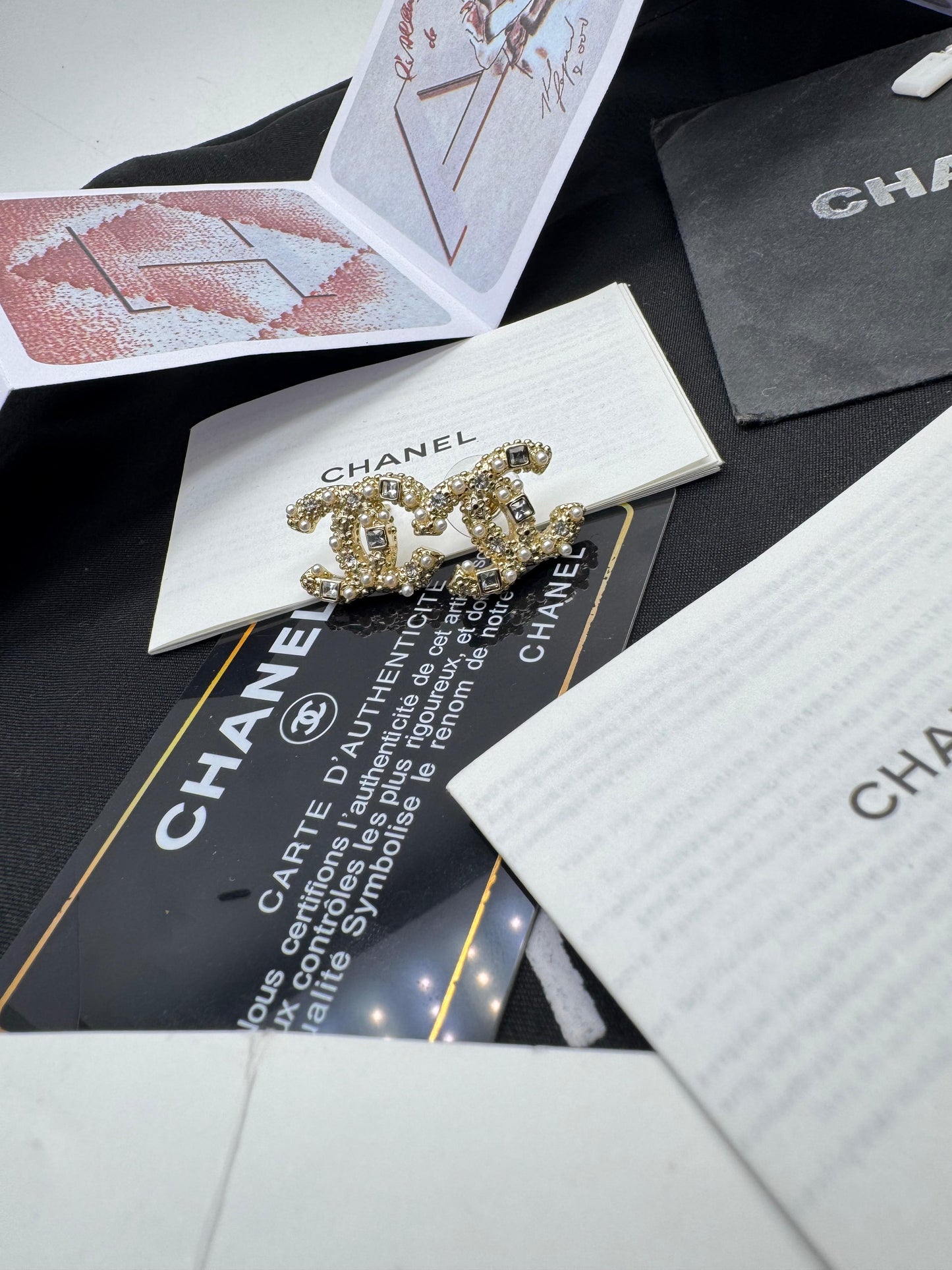 Pearl & Crystal Double-C Style Stud Earrings – Gold Tone Statement Earrings for Women