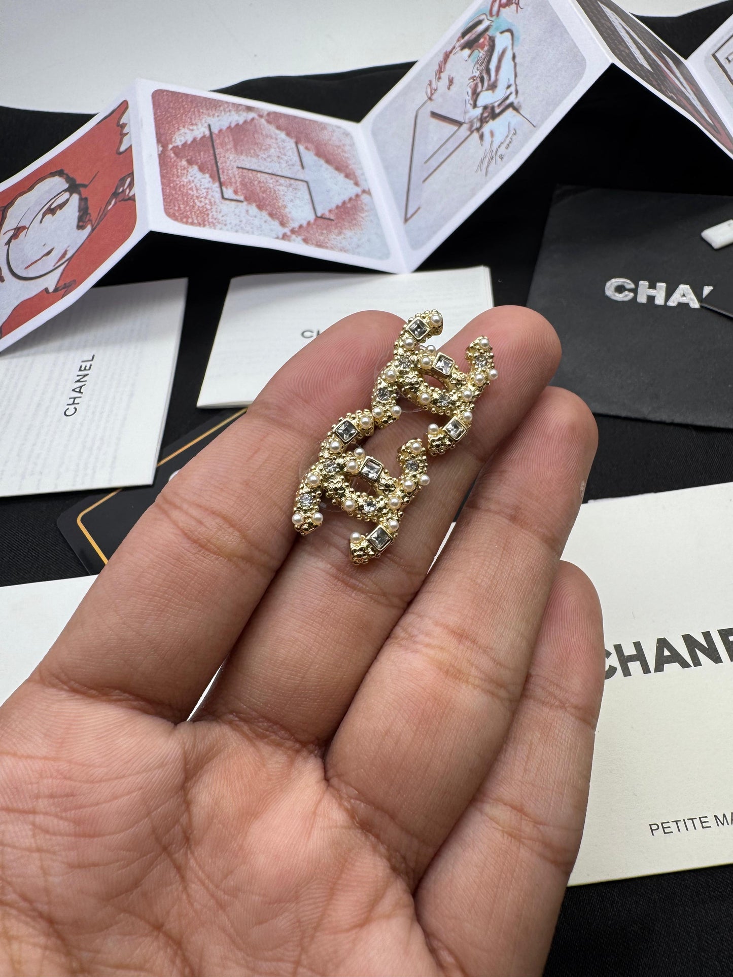 Pearl & Crystal Double-C Style Stud Earrings – Gold Tone Statement Earrings for Women