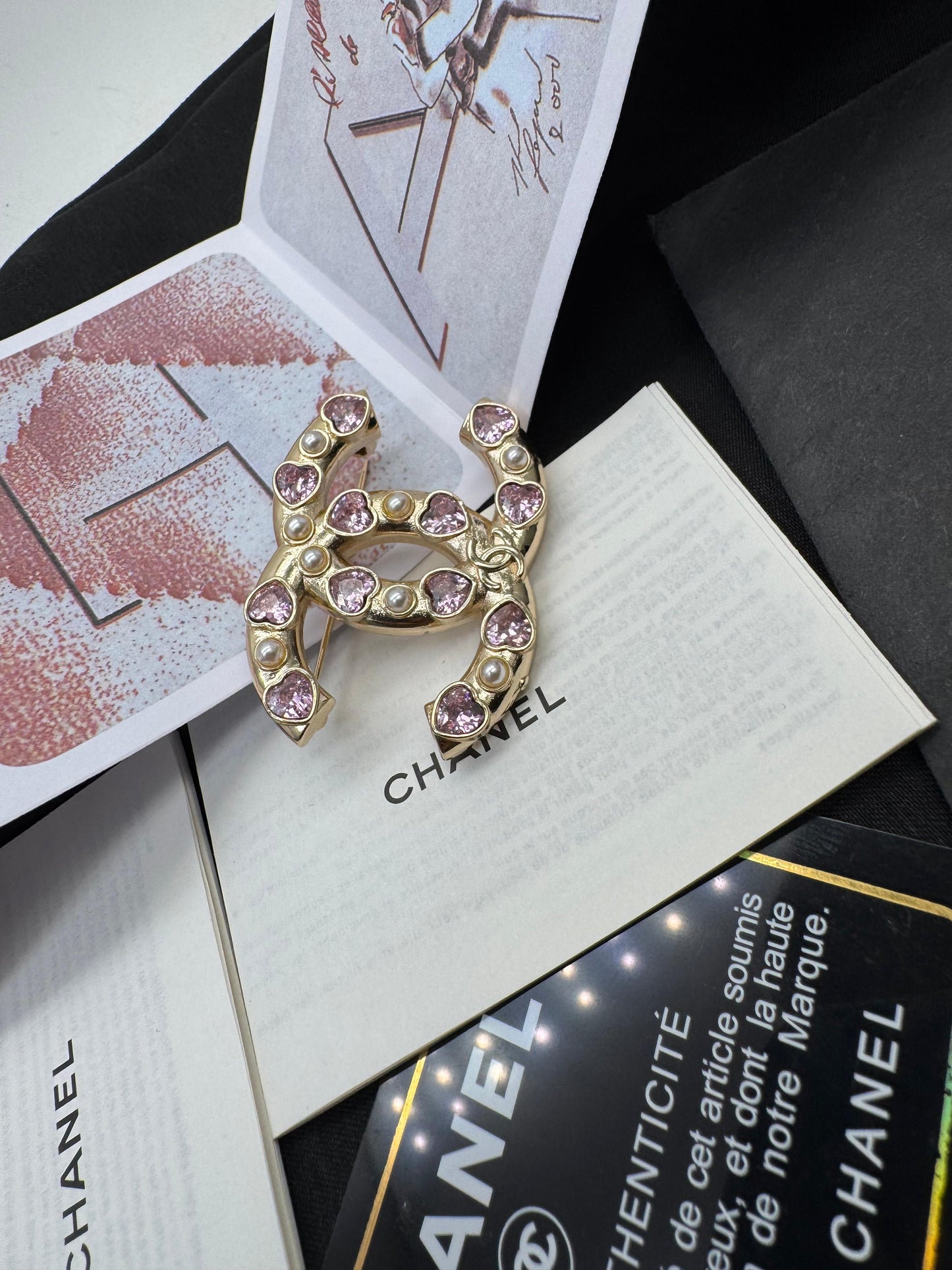 Gold Tone Interlocking C Brooch with Pink Crystal Hearts & Pearls – Luxury Statement Pin