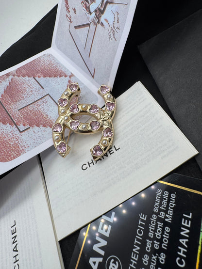 Gold Tone Interlocking C Brooch with Pink Crystal Hearts & Pearls – Luxury Statement Pin