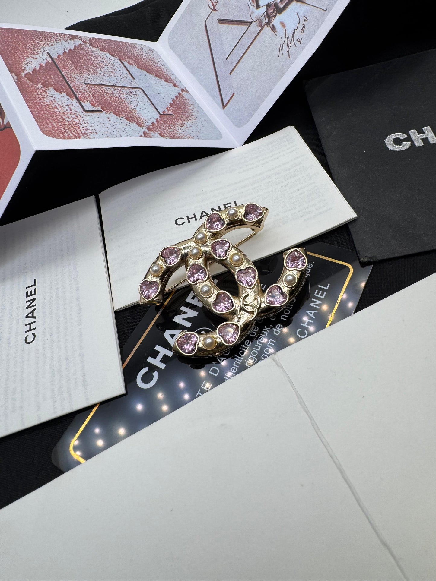 Gold Tone Interlocking C Brooch with Pink Crystal Hearts & Pearls – Luxury Statement Pin