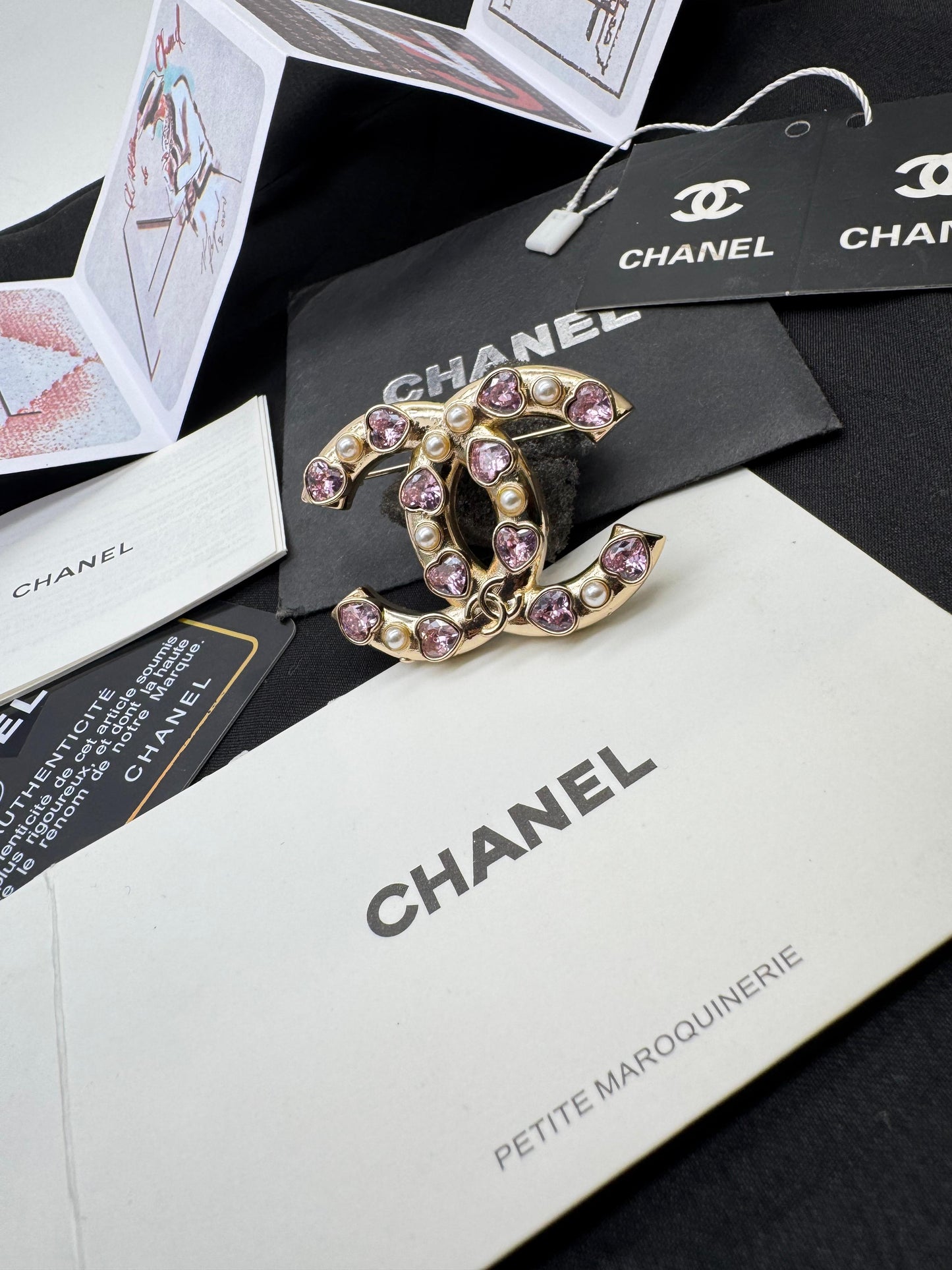 Gold Tone Interlocking C Brooch with Pink Crystal Hearts & Pearls – Luxury Statement Pin