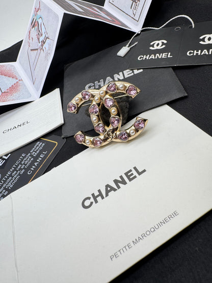 Gold Tone Interlocking C Brooch with Pink Crystal Hearts & Pearls – Luxury Statement Pin